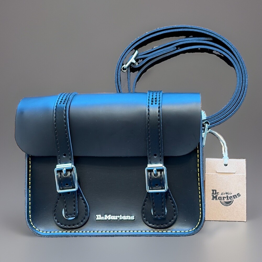 New Dr. Martens Shoulder Crossbody Black Leather Satchel Bag 7” Adjustable Strap